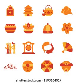 cultural symbol of chinese new year fireworks, lotus flowers, hats, gongs, lion dancers, yin yang also lantern lamp flat design