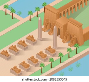 Kulturelle Symbole der antiken ägyptischen Architektur, isometrischer Hintergrund mit Sphinx und pharaoh Vektorgrafik