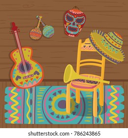Cultural symbols of Mexico, traditional interior of Mexican house vector illustration