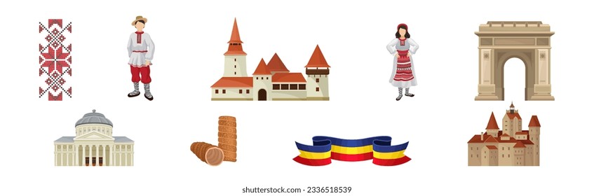 Cultural Symbols of Romania and Traditional Attribute Vector Set