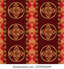 Cultural Thai Art-Inspired Pattern with Golden Lotus Details, Circular Motifs, and Intricate Decorative Borders