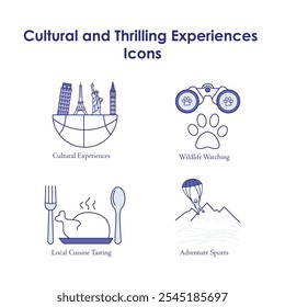 Cultural and Thrilling Experiences Icons: Adventure Sports, Cultural Experiences, Local Cuisine Tasting, Wildlife Watching.