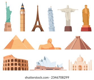 Atractivos culturales turísticos. Majestuosos monumentos arquitectónicos y edificios de diferentes países. Viaja por el mundo a lugares de interés. Ilustración del vector