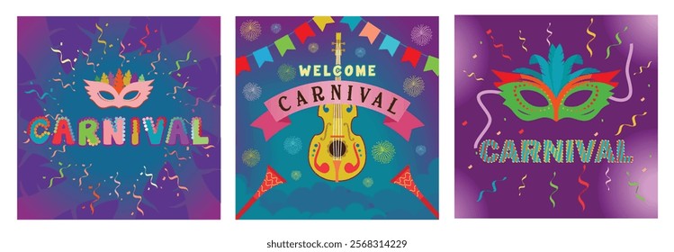 Cultural and traditional carnival in Brazil. Brazilians celebrate carnival parties with musical instruments. Carnival celebration with feather masks and colorful confetti. Carnival party concept.