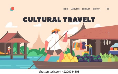 Cultural Travel Landing Page Template. Saleswoman Character on Boat Sell and Buy Goods Float by River. Traditional Trading in Asian Country. Floating Market in Thailand. Cartoon Vector Illustration