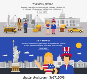 Cultural travel sightseeing USA information online 2 flat banners design webpage with american symbols abstract vector illustration