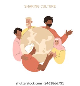 Cultural Unity concept. Diverse group of people embracing a globe, representing global community and cultural exchange. Multiethnic harmony and world peace. Vector illustration.