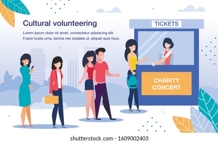 Cultural Volunteering on Charity Event Trendy Flat Vector Banner, Poster Template. Female Volunteer in Tickets Cabin Selling Passes to Charity Concert for People, Tourists, Visitors Illustration