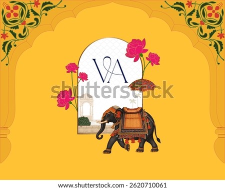 Cultural wedding logo with monogram and with elephant and festive elements.