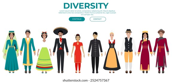 Un grupo culturalmente diverso de personas vistiendo atuendos tradicionales, enfatizando la unidad global. Por la diversidad cultural, el patrimonio mundial, la tradición, la inclusión, el multiculturalismo, la representación cultural