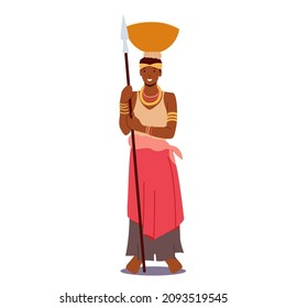 Culture of Africa and Ethnic Heritage, African Tribal Female Character Wear Traditional Clothes Hold Spear and Bowl on Head. Cultural Tradition of Primitive Tribes. Cartoon People Vector Illustration