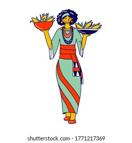 Culture of Africa and Ethnic Heritage, Kwanzaa Holiday Celebration. African Tribal Female Character Wearing Traditional Clothes Holding Bowls with Corn. Cultural Tradition. Linear Vector Illustration