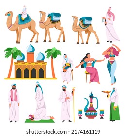 Culture of Araby, Arabic countries and traditions. Dancers and sheikh with camels, Muslims praying by mosque or antique palace. Tea in pot, serving food and desserts for nobility. Vector in flat style