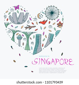 Culture and architecture of Singapore. Symbols of Singapore. Hand drawn vector illustration.