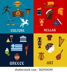 Culture, art and history icons of Greece with traditional symbols such as national flag, olives , amphoras, temples, lyres, torches, mythological heroes, sport games, theatre. Flat style