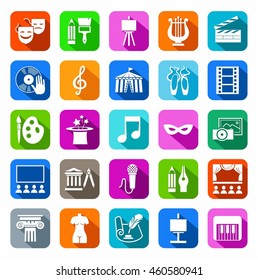 Culture and art, icons, colored, flat. Vector icons with pictures of objects and subjects of culture and art. White figures on a colored background with a shadow. 