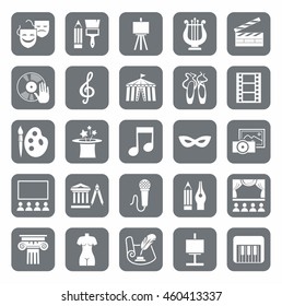 Culture and art, icons, gray, monochrome. Vector icons with pictures of objects and subjects of culture and art. White figures on a gray background. 