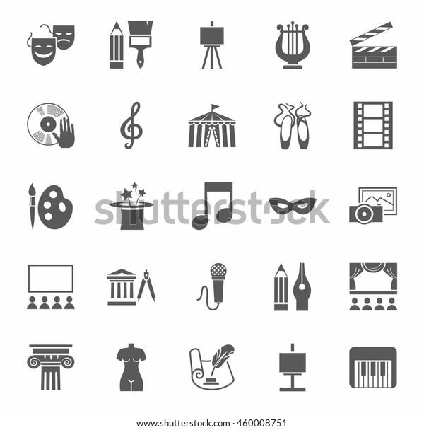 Culture and art, icons, monochrome. Vector\
icons with pictures of objects and subjects of culture and art.\
Grey figures on a white background.\
