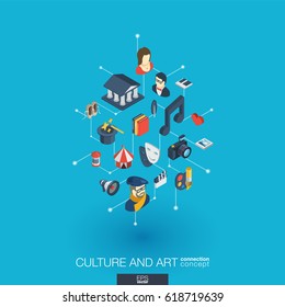 Culture, art integrated 3d web icons. Digital network isometric interact concept. Connected graphic design dot and line system. Background for theater artist, music, circus show bill. Vector Infograph