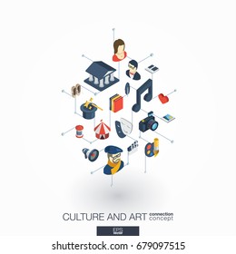 Culture, art integrated 3d web icons. Digital network isometric interact concept. Connected graphic design dot and line system. Background for theater artist, music, circus show bill. Vector on white.
