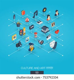 Culture, art integrated 3d web icons. Digital network isometric interact concept. Connected graphic design dot and line system. Background for theater artist, music, circus show bill. Vector Infograph