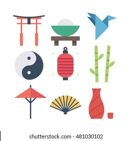 Culture of Asia, vector flat illustration, icon set: japanese gate, food, origami, religion, lantern, bamboo, umbrella, fun, alcohol