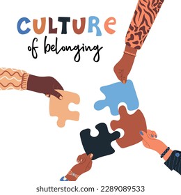 Culture of belonging. Group of diversity human hands holding puzzle parts. Multicultural society. Friendship and teamwork concept. Vector illustration