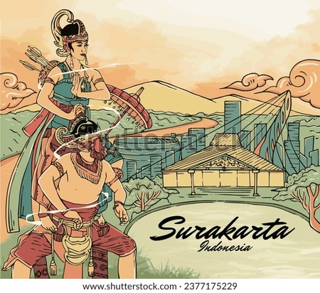 Culture of Central Java Indonesia. Bambangan Cakil dance with the background of Surakarta City