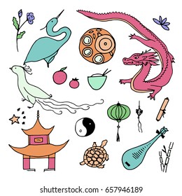 Culture of China icons. Hand drawn Chinese symbols. Vector illustration.