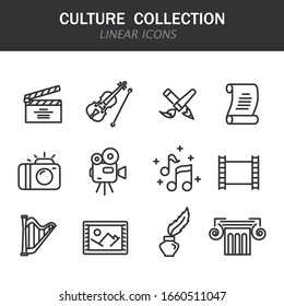 Culture collection linear icons in black on a white background