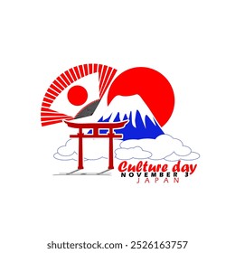 Culture Day to celebrate on November 3rd in Japan. Illustration of Mount Fuji, Torii gate, red sun and a fan with the Japanese flag on a white background. Celebrate cultural events