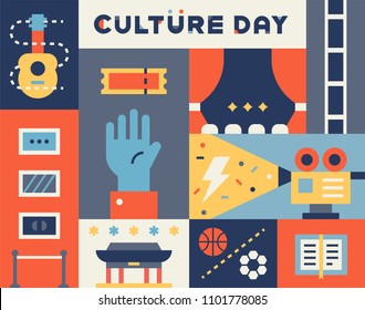 culture day icons collage concept flat design style vector graphic illustration set