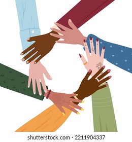 Culture diverse. Women racial equal. Feminism empower. Female race face. Respect for color skin. Multicultural people holding arms. Community unity or solidarity. Vector illustration icons