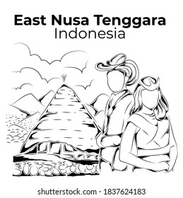 Culture of East Nusa Tenggara, Indonesia. Line art of a couple's characters and a traditional house.