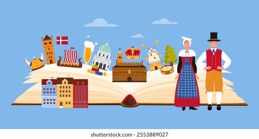 Culture elements, architecture landmarks of Denmark study in infographic collage. Open guide book and Danes in traditional costumes, lighthouse and windmill, viking boat cartoon vector illustration