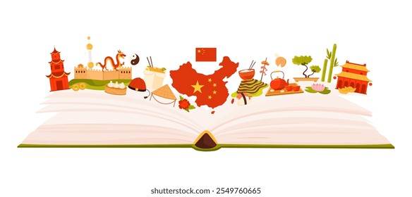 Elementos de cultura y arquitectura famosa de China, estudio del idioma chino en collage de infografía. Abrir gran libro y lugares de interés turístico para los turistas, mapa y bandera, templos Ilustración vectorial de dibujos animados