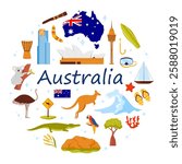 Culture elements and famous architecture, nature and wild animals of Australia, round infographic banner design. Australian landmarks, tribal musical instrument, boomerang cartoon vector illustration