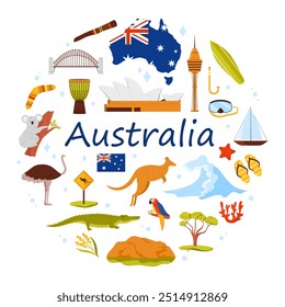 Elementos de cultura y arquitectura famosa, naturaleza y animales salvajes de Australia, diseño de Anuncio de infografía redonda. Lugares famosos australianos, instrumento musical tribal, Ilustración vectorial de dibujos animados boomerang