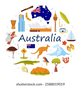 Culture elements and famous architecture, nature and wild animals of Australia, round infographic banner design. Australian landmarks, tribal musical instrument, boomerang cartoon vector illustration