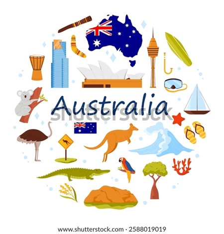 Culture elements and famous architecture, nature and wild animals of Australia, round infographic banner design. Australian landmarks, tribal musical instrument, boomerang cartoon vector illustration