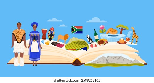 Culture elements and food emblem of South Africa, country study in infographic collage with open paper book and African people in traditional costumes, animals and mask cartoon vector illustration