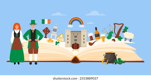 Culture elements, food and famous landmarks of Ireland in infographic collage with open giant paper guide book, Irish people in traditional dresses for St Patricks Day cartoon vector illustration