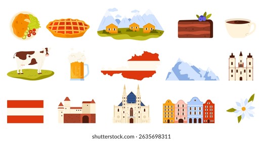Culture elements, food and landmarks of Austria set. Map with Austrian flag and castle, mountain landscape and cow, coffee and slice of Sacher cake, traditional houses cartoon vector illustration
