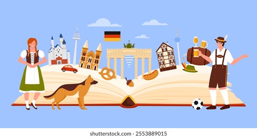 Culture elements of Germany, landmarks and food study in infographic collage. Open guide book and German man and woman in traditional dress, beer of Oktoberfest festival cartoon vector illustration