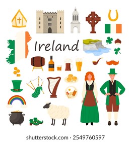 Cultura Elementos de Irlanda, comida y bebida, conjunto del día de San Patricio. Gente irlandesa con vestimenta tradicional, arpa y gaita, trébol verde, sombrero y zapatos de Ilustración vectorial de dibujos animados de duende