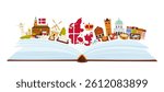 Culture elements and landmarks emblem of Denmark, language study in infographic collage with open paper book and kings crown, Danish map and flag, windmill and viking ship cartoon vector illustration
