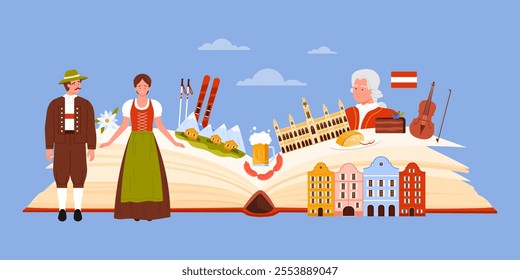 Culture elements, language and landmarks of Austria study in infographic collage. Open giant paper guide book and landscape of Alps, Austrian people, Mozart and violin cartoon vector illustration