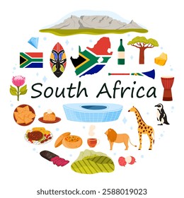 Culture elements, nature and landmark of South Africa round infographic banner. Cape Town Stadium, Table Mountain and Zulu Mask, Vuvuzela horn and Jembe drum, Protea flower cartoon vector illustration