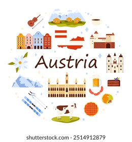 Elementos de cultura e paisagem natural, comida da Áustria, projeto de banner infográfico redondo. Bolo de waffle e Sacher, salsichas e cerveja, aldeia alpina e castelo em ilustração de vetor de desenhos animados circulares