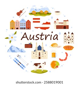 Culture elements and nature landscape, food of Austria, round infographic banner design. Waffle and Sacher cake, sausages and beer, Alpine village and castle in circle cartoon vector illustration